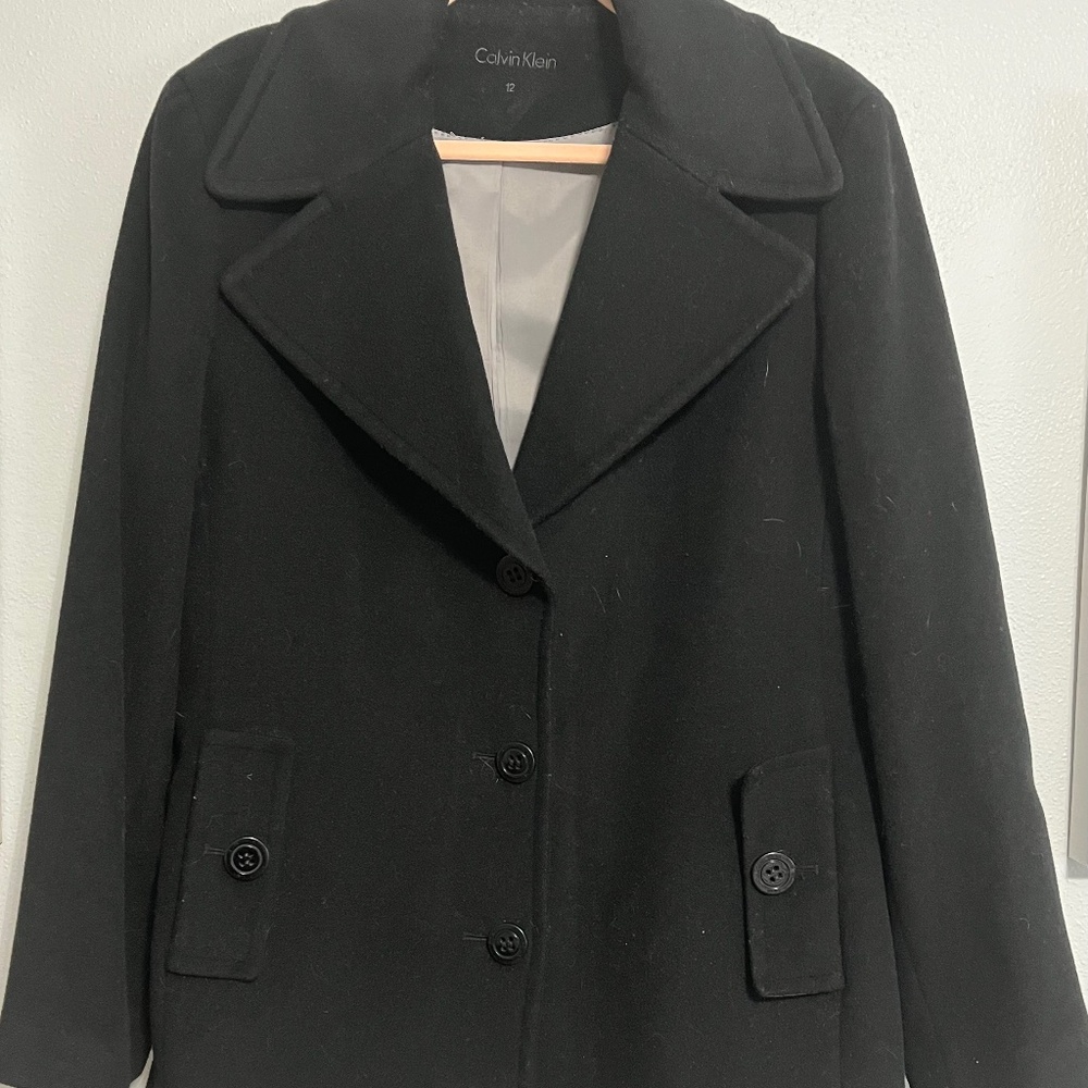 Calvin Klein Black Wool Silk Blend Pea Coat Women’s 12